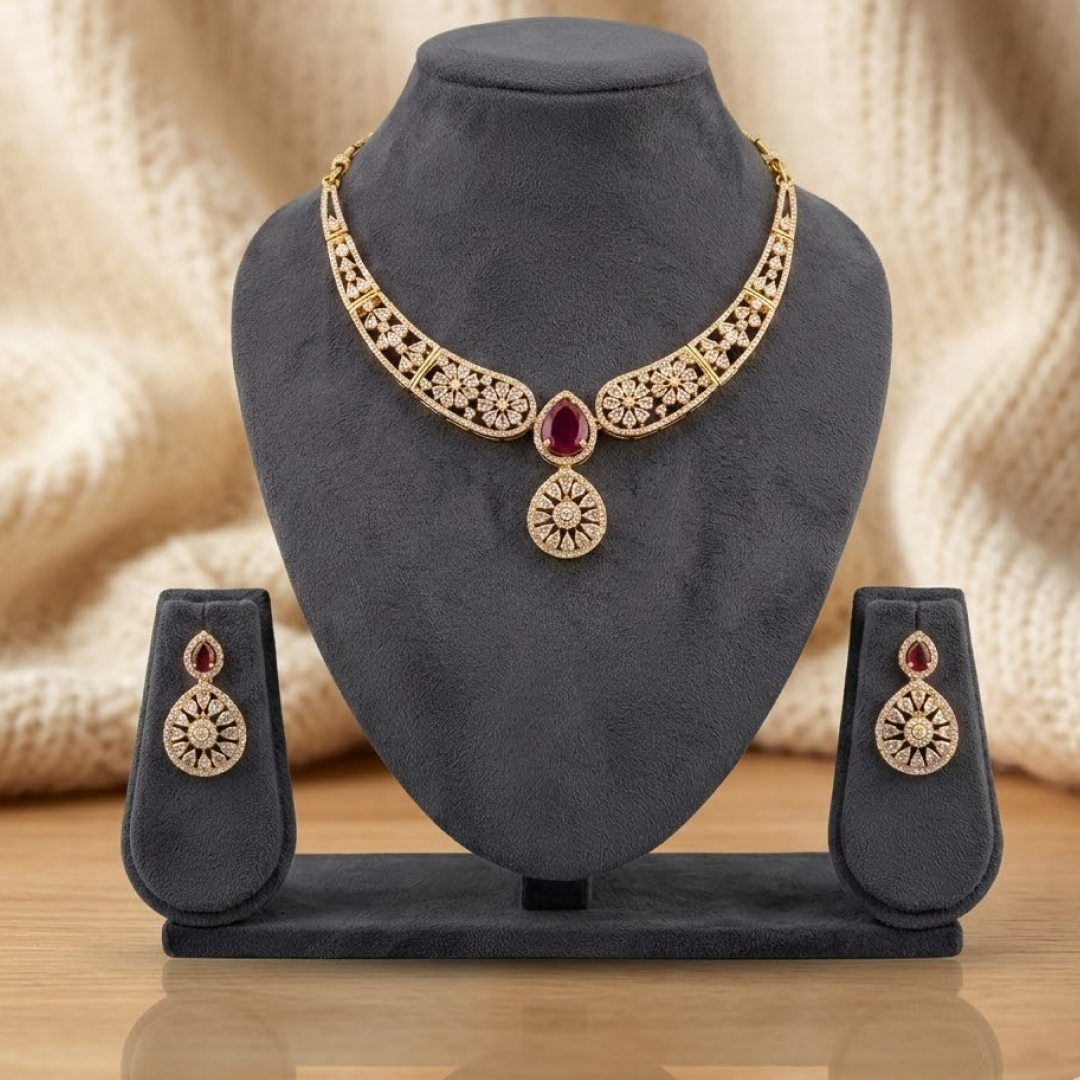 Eloura's Ruby-Encrusted Rose Necklace Set - E218DK