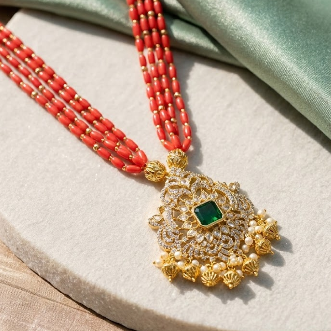 Royal Coral &amp; Emerald Necklace Set (E214DK)